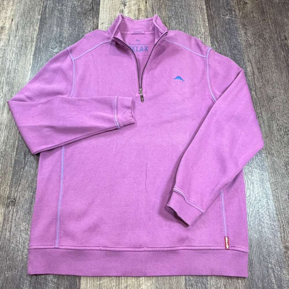 Tommy Bahama Relax Pullover Mens Large Fuscia 1/4 Zip Cotton Ribbed Knit Sweater